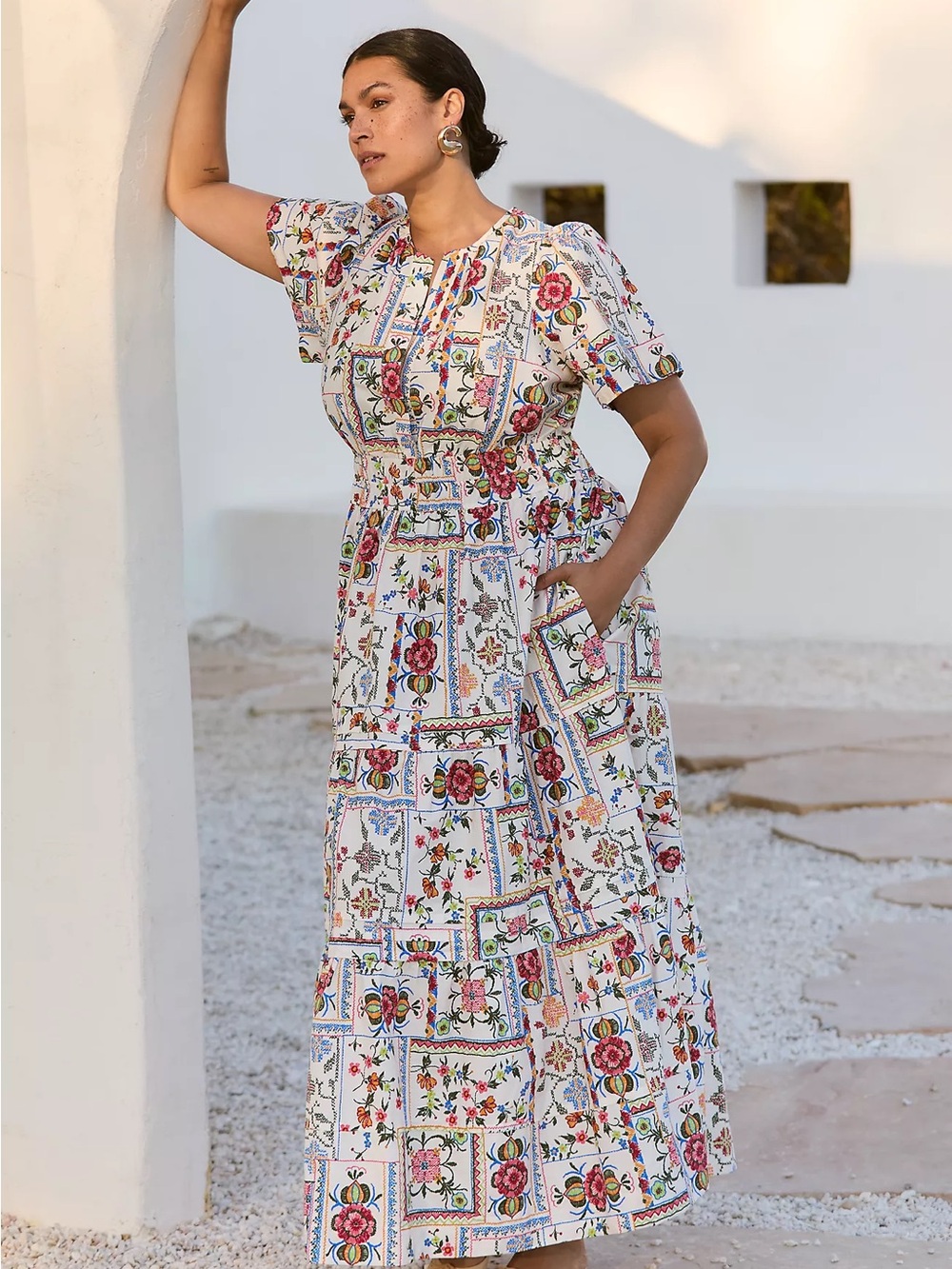 Anthropologie Somerset Printed V Neck Short Sleeve Boho Midi Dress in Oyster L